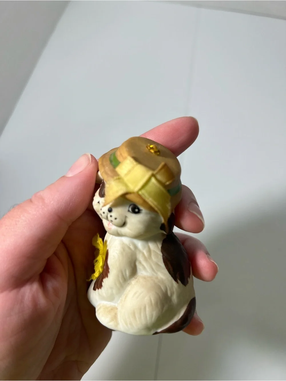 Porcelain Cat Figurine Bell with Hat and Yellow Flowers